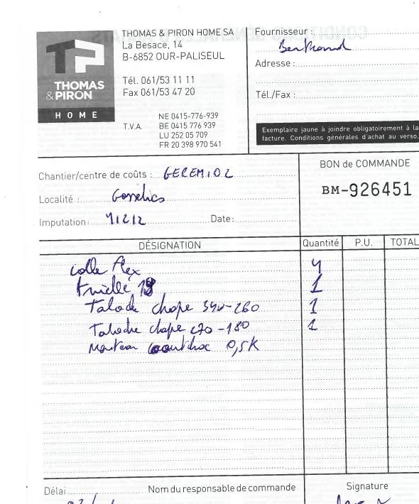 Bon de commande manuscrit transmis par le client