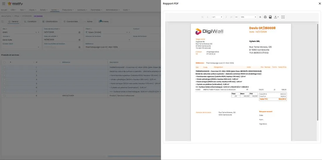 Devis de thermolaquage généré par l'IA avec le détail du calcul de surface