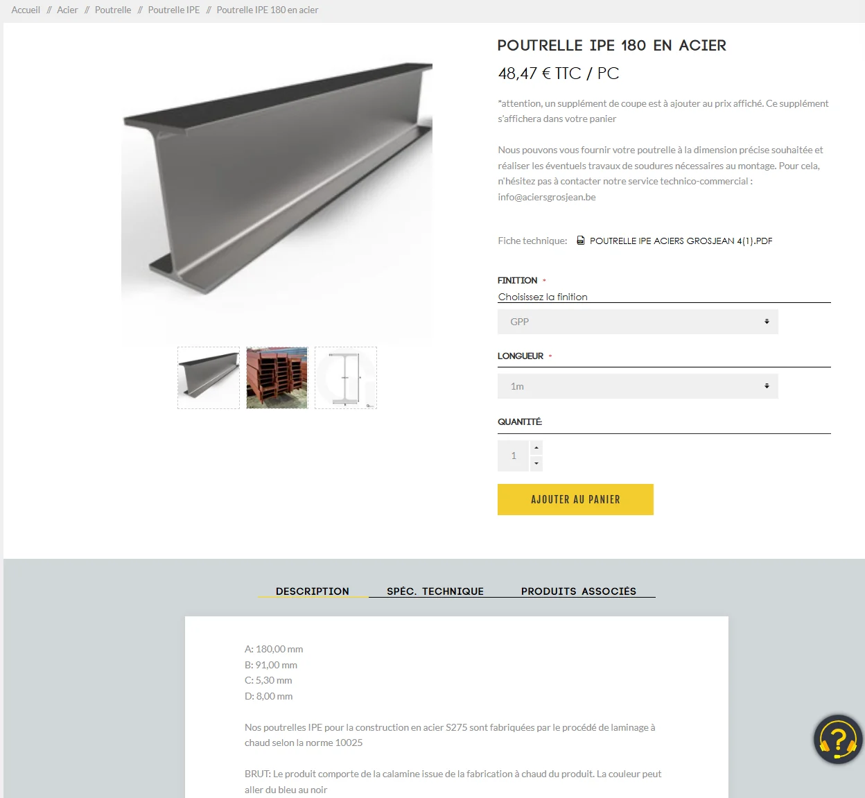 Fiche produit avec ses options obligatoires et sa fiche technique