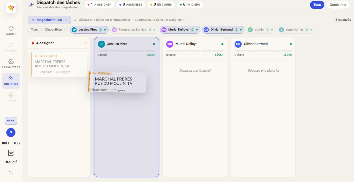 Dispatch des tâches par magasinier dans Wallify, sur tablette
