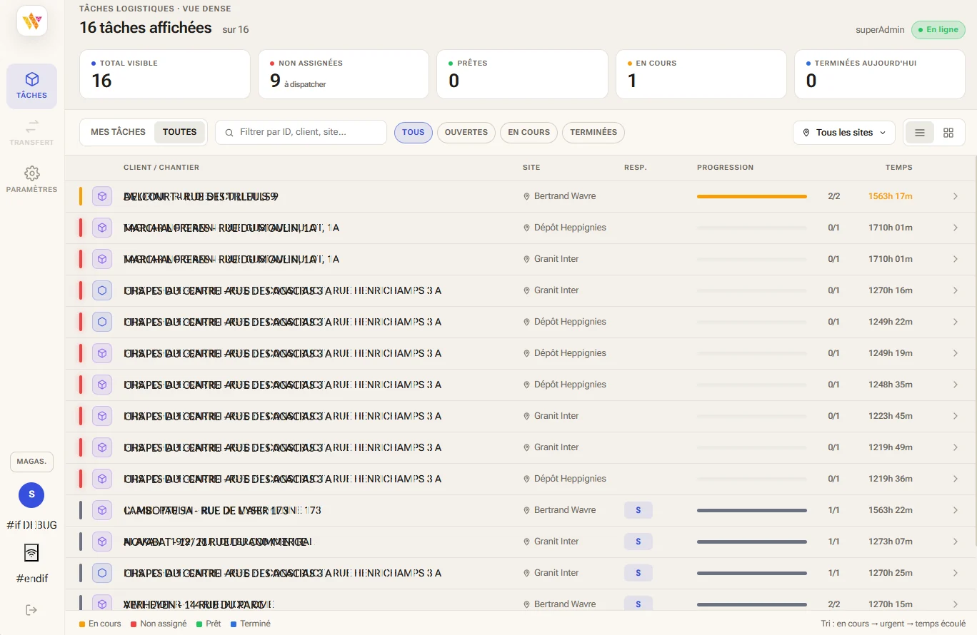 Liste des tâches logistiques de Wallify sur tablette