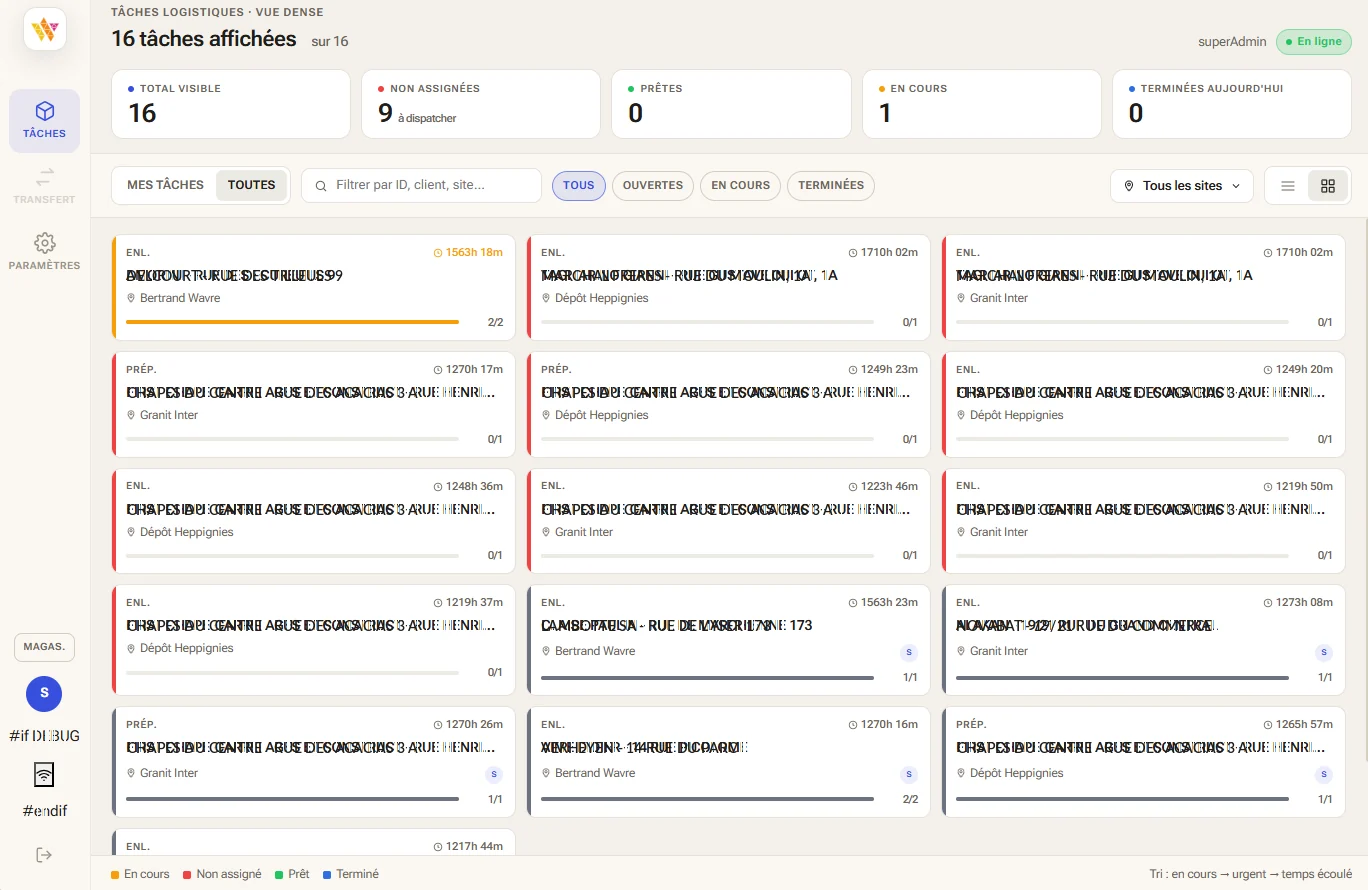 Tâches logistiques de Wallify en cartes sur tablette