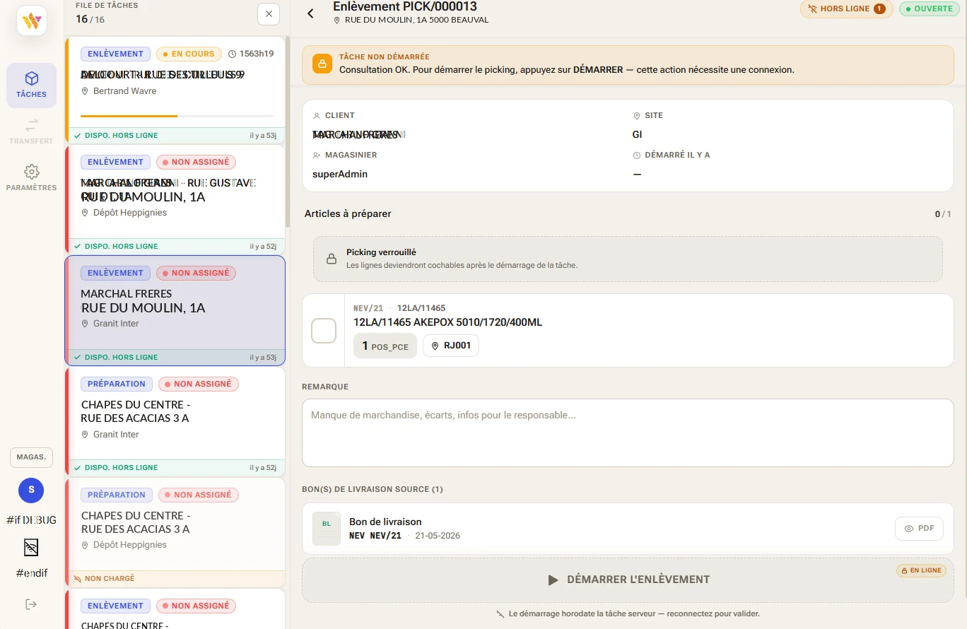 Détail d'une tâche d'enlèvement dans Wallify sur tablette