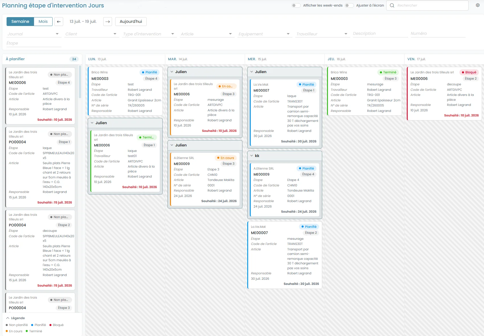 Planning des étapes d'intervention Wallify, vue par jour avec statuts colorés