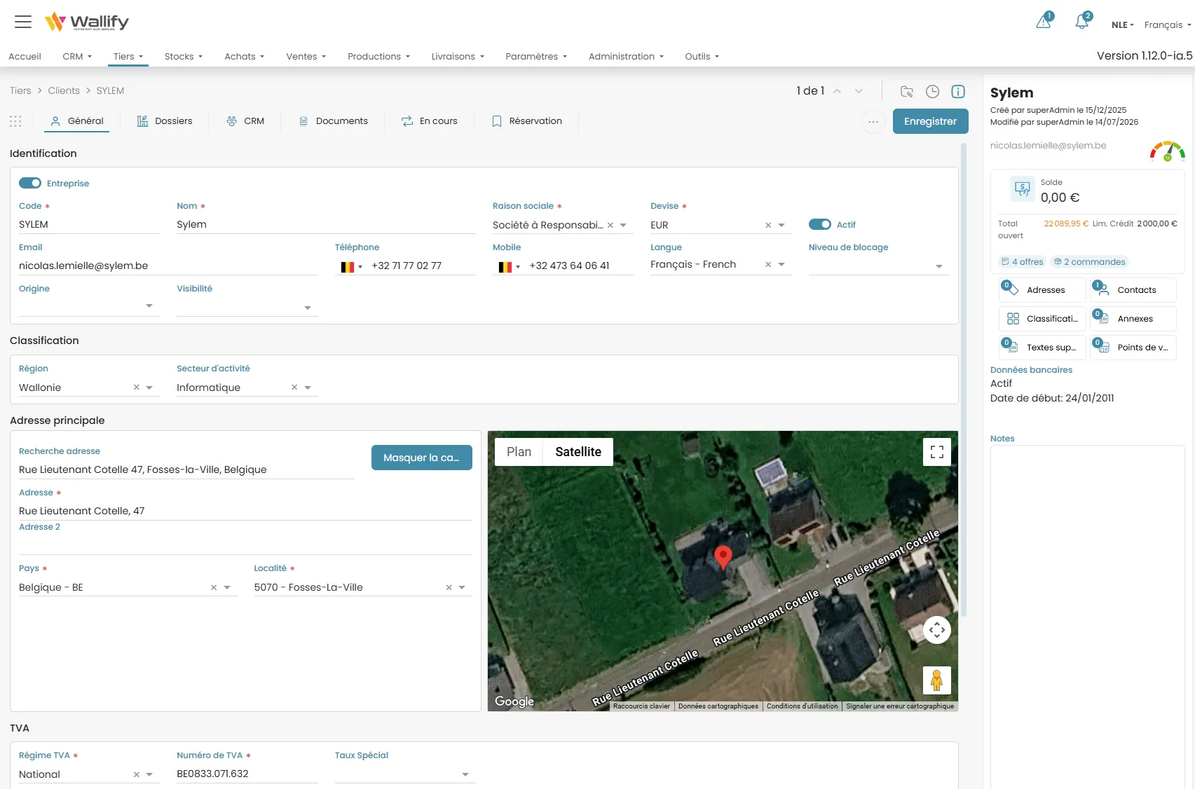Fiche client Wallify : identification, classification, adresse géolocalisée, TVA, solde et documents ouverts
