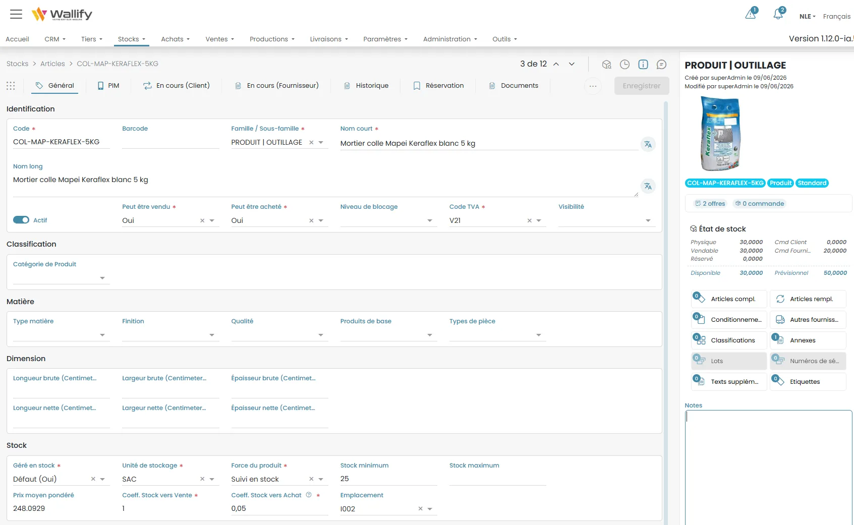 Fiche article Wallify avec stock minimum et emplacement